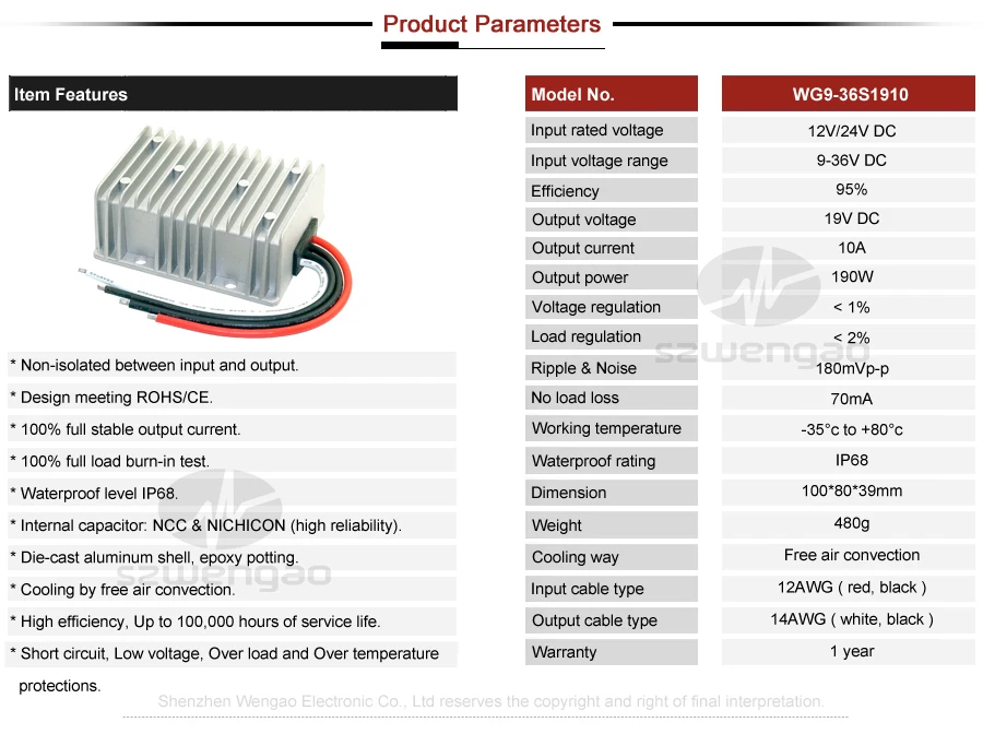 DC/DC stabilisator 24V (9-36VDC) till 19V, 190 Watts max. 10A - 2