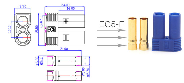 Stickkontakt 2-PIN EC5-F; hona, 40A