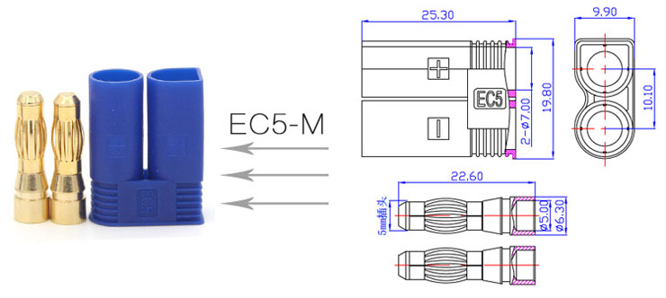 Stickkontakt 2-PIN EC5-M; hona, 40A