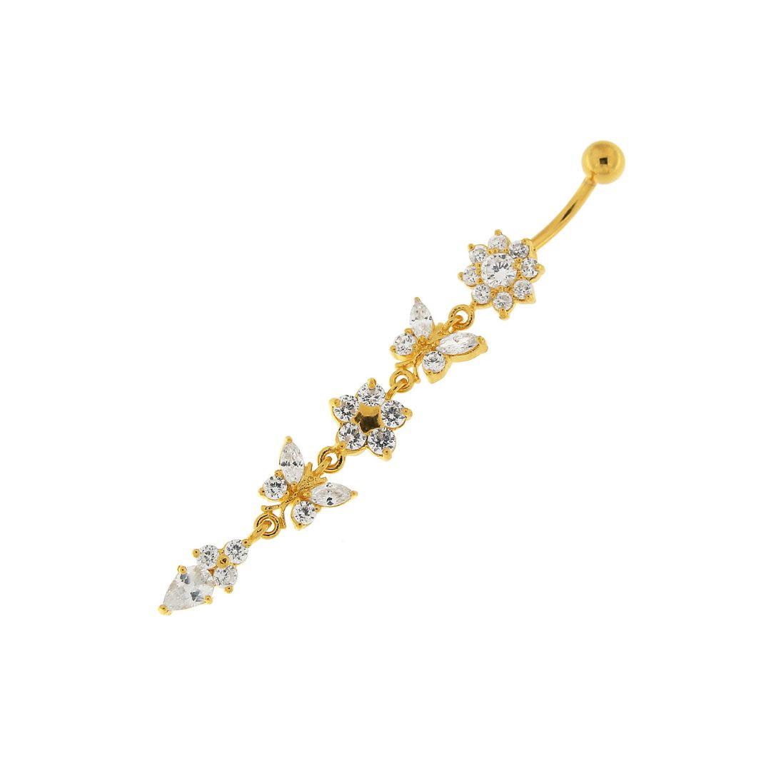 Navelpiercing - fjärilar och blommor med kristaller - guld PVD