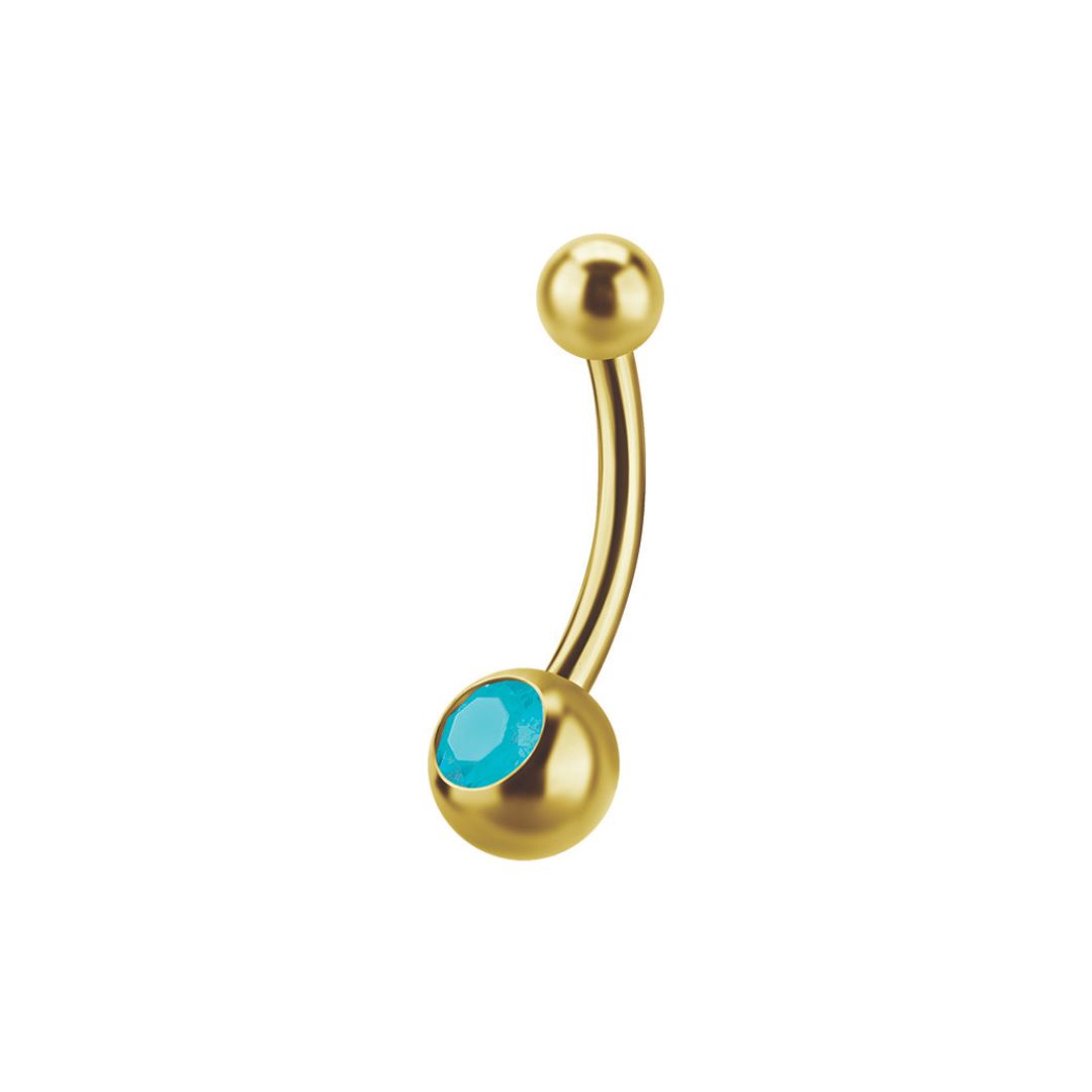 Belly button piercing - baby banana barbell (4x6 mm) 18k gold - blue crystal