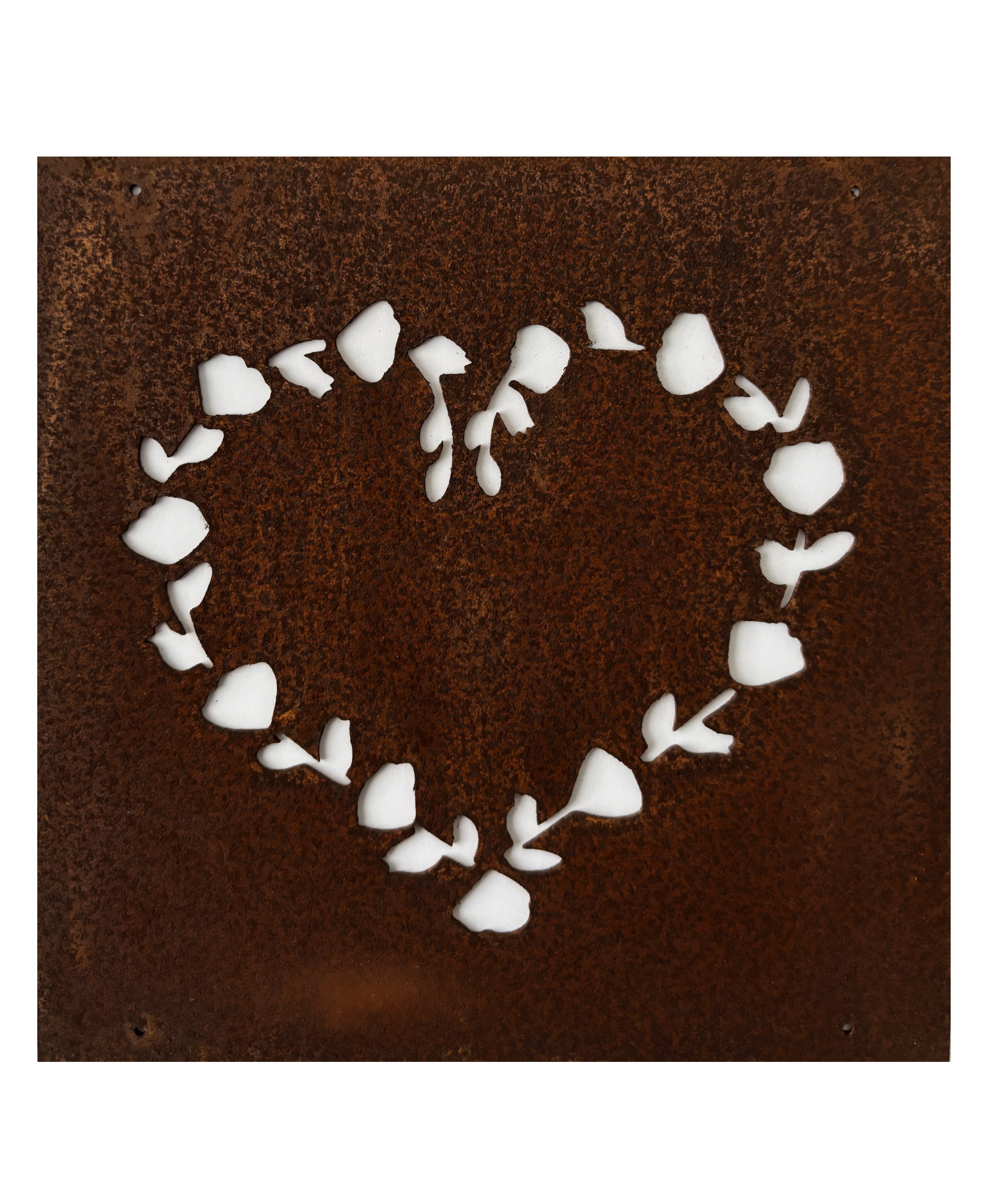 Rostig skylt HJÄRTA m. BLOMMOR till armeringsnät 14 cm