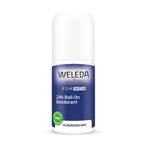 En vit hård förpackning med rundad kork. På är en blå etikett med texten weleda 24h  Roll- on deodorant. 
