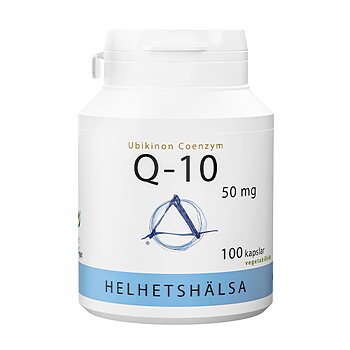 En vit plastburk med en vit och blå etikett som det står q10 helhetshälsa på