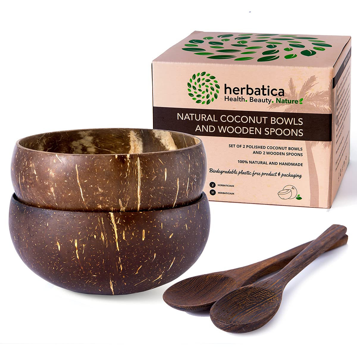 Coconut bowls with spoon, set of 2. Dark spoons