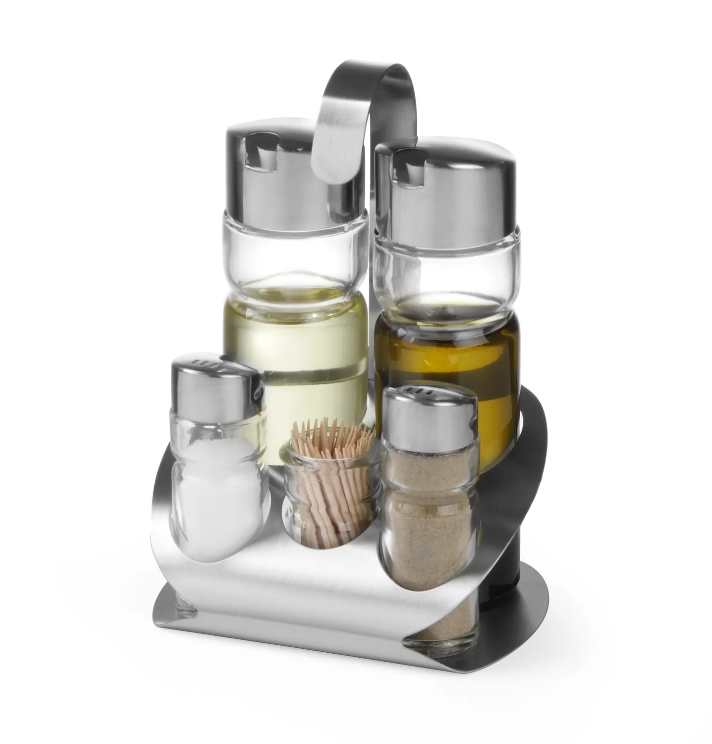 Spice stand rack 5 parts - oil, vinegar, pepper, salt & toothpick