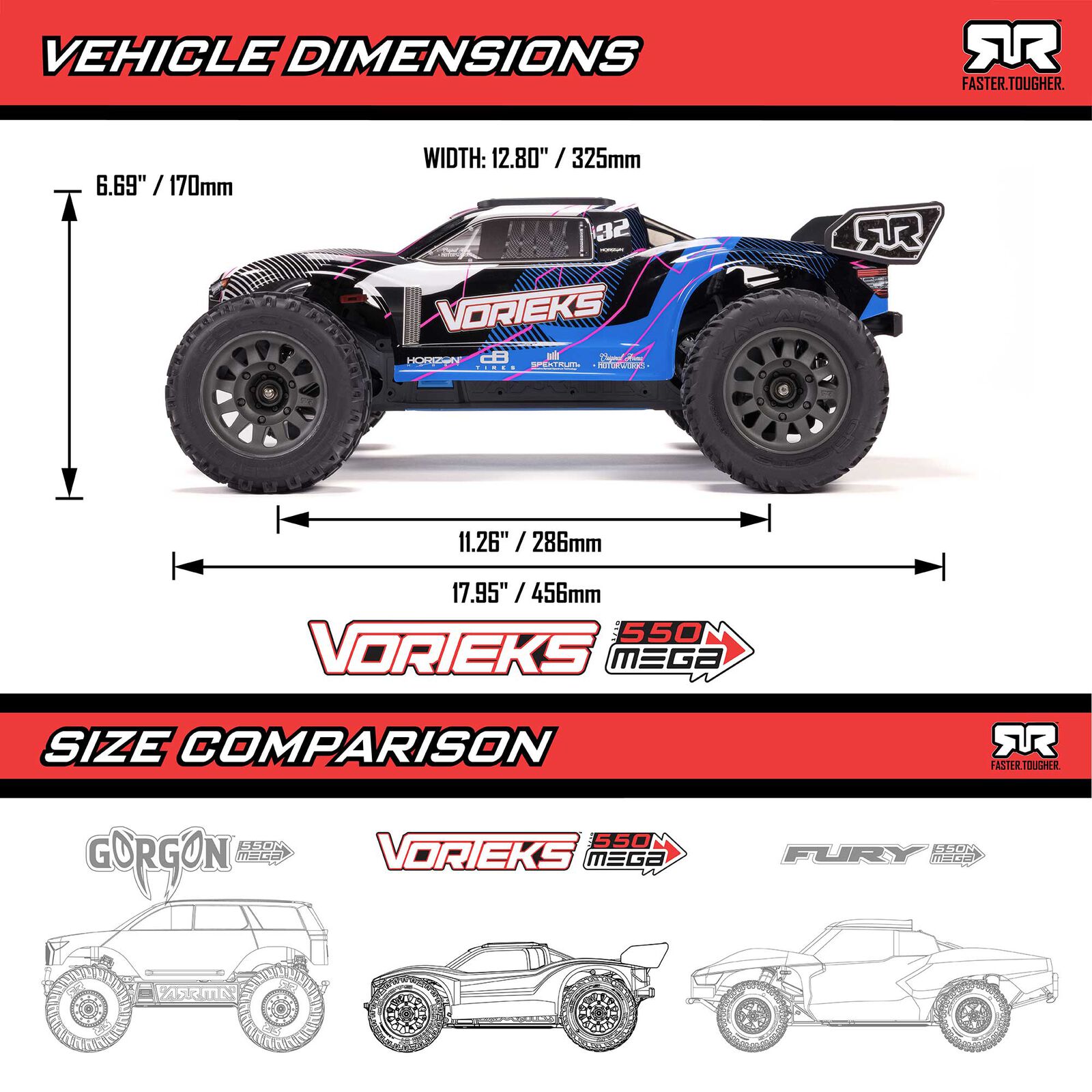 Arrma 1/10 VORTEKS MEGA 550 2WD Stadium Truck RTR, Blue - 25
