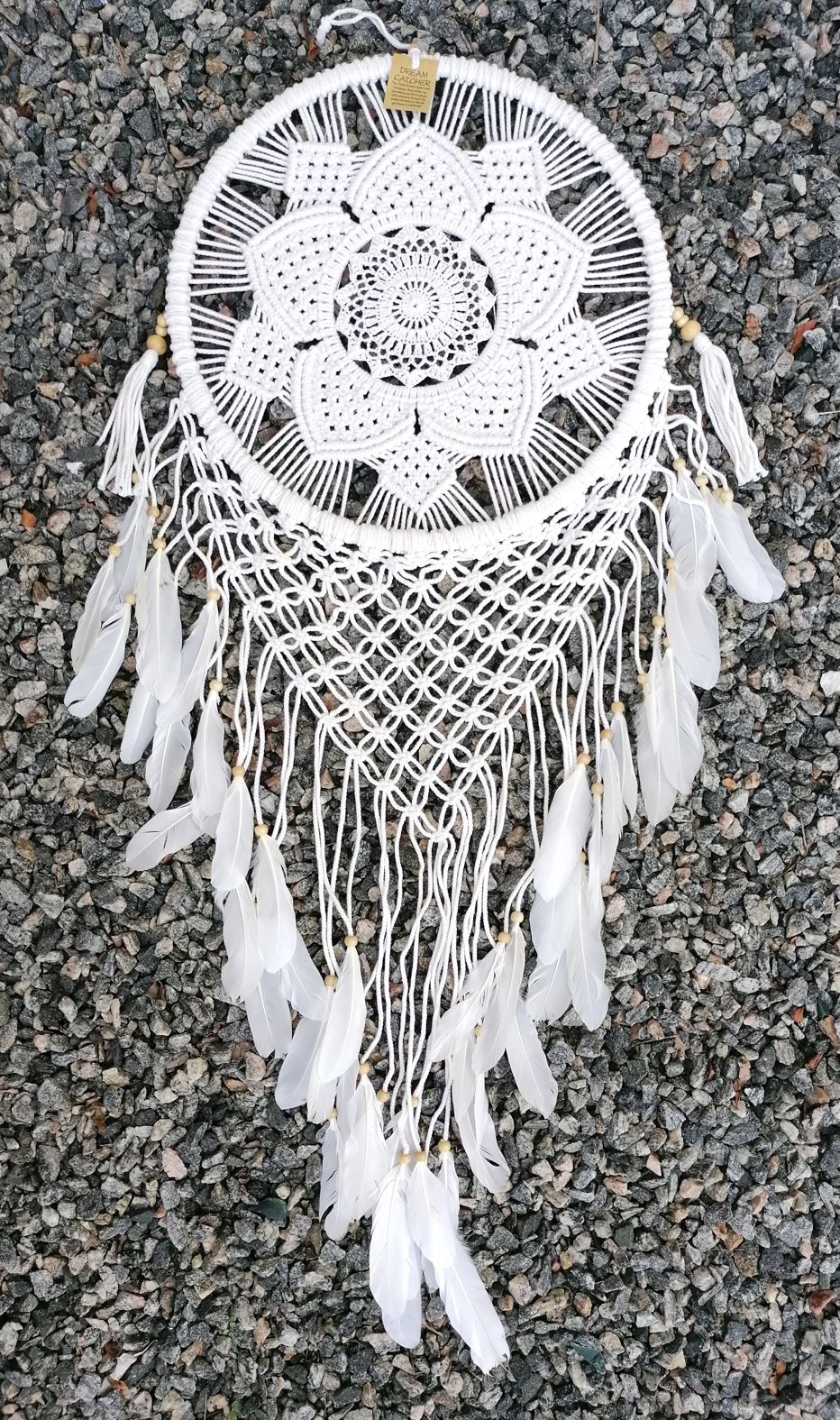  Drömfångare - Makramé Mandala Blomma, 42 cm - Vit med fjädrar - 2