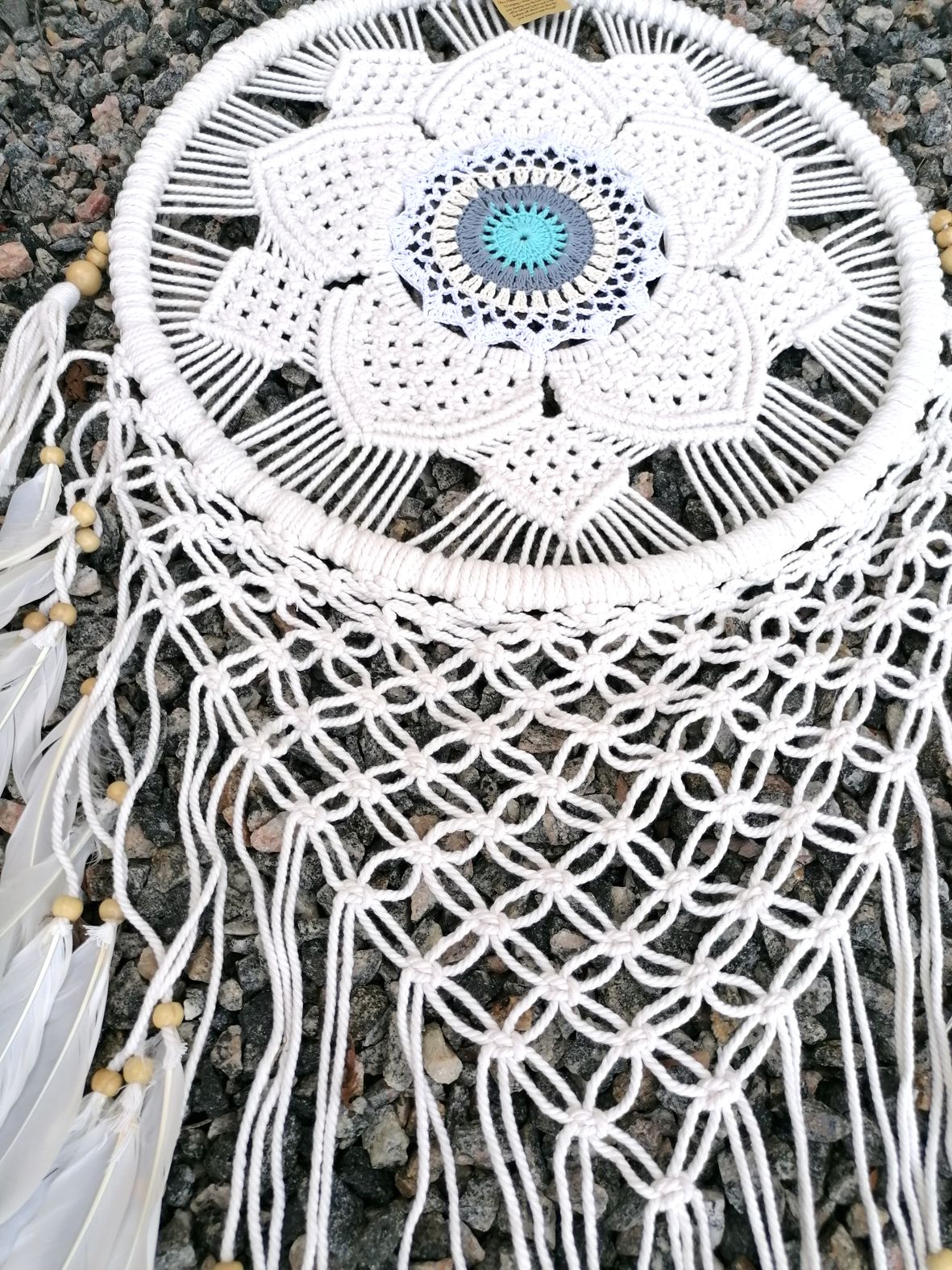  Drömfångare - Makramé Mandala Blomma, 42 cm - Turkos med fjädrar - 3