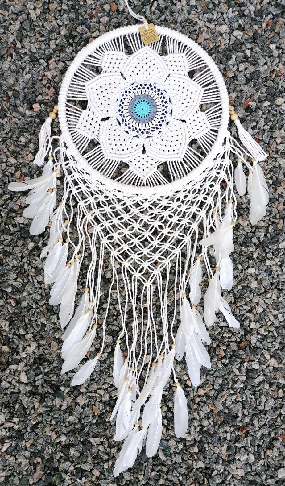  Drömfångare - Makramé Mandala Blomma, 42 cm - Turkos med fjädrar - 2