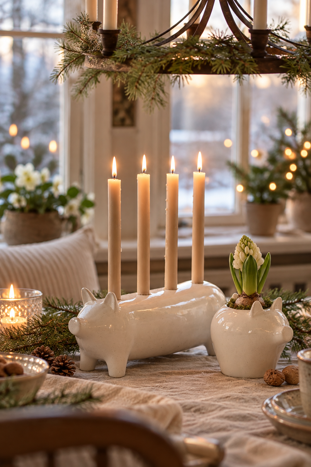 Ljusstake - Gris - Vitmelerad - Adventsljusstake - 40x11x16 cm