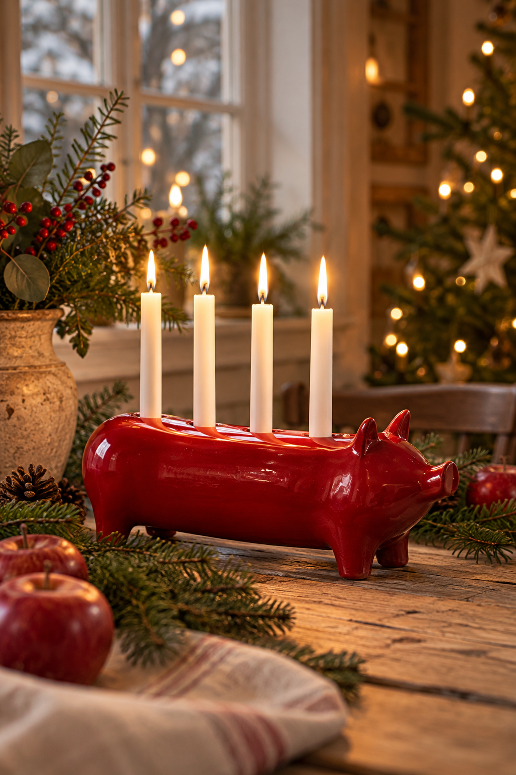 Ljusstake - Gris - Röd - Adventsljusstake - 40x11x16 cm