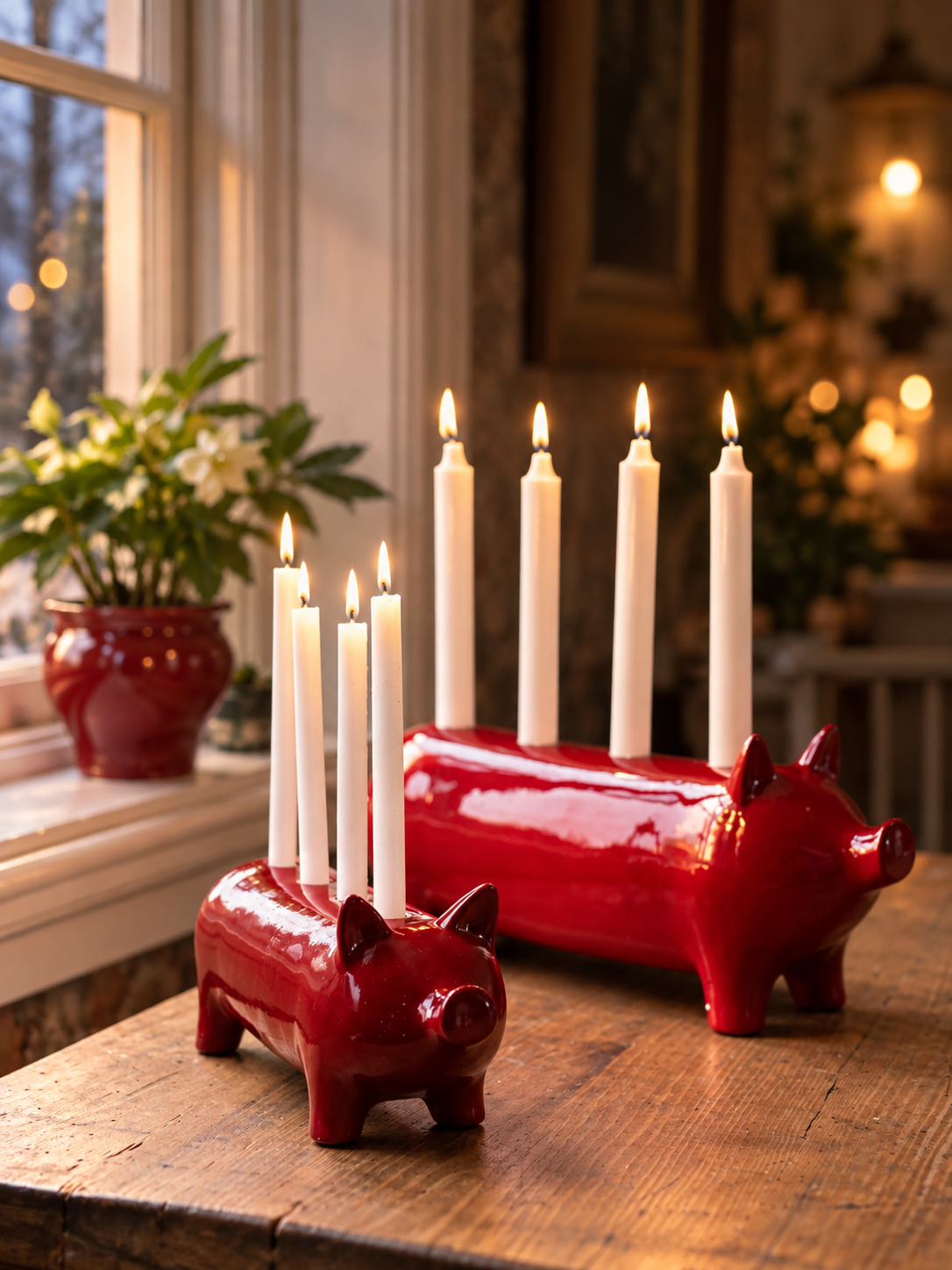 Ljusstake - Gris - Röd - Adventsljusstake - 40x11x16 cm - 2