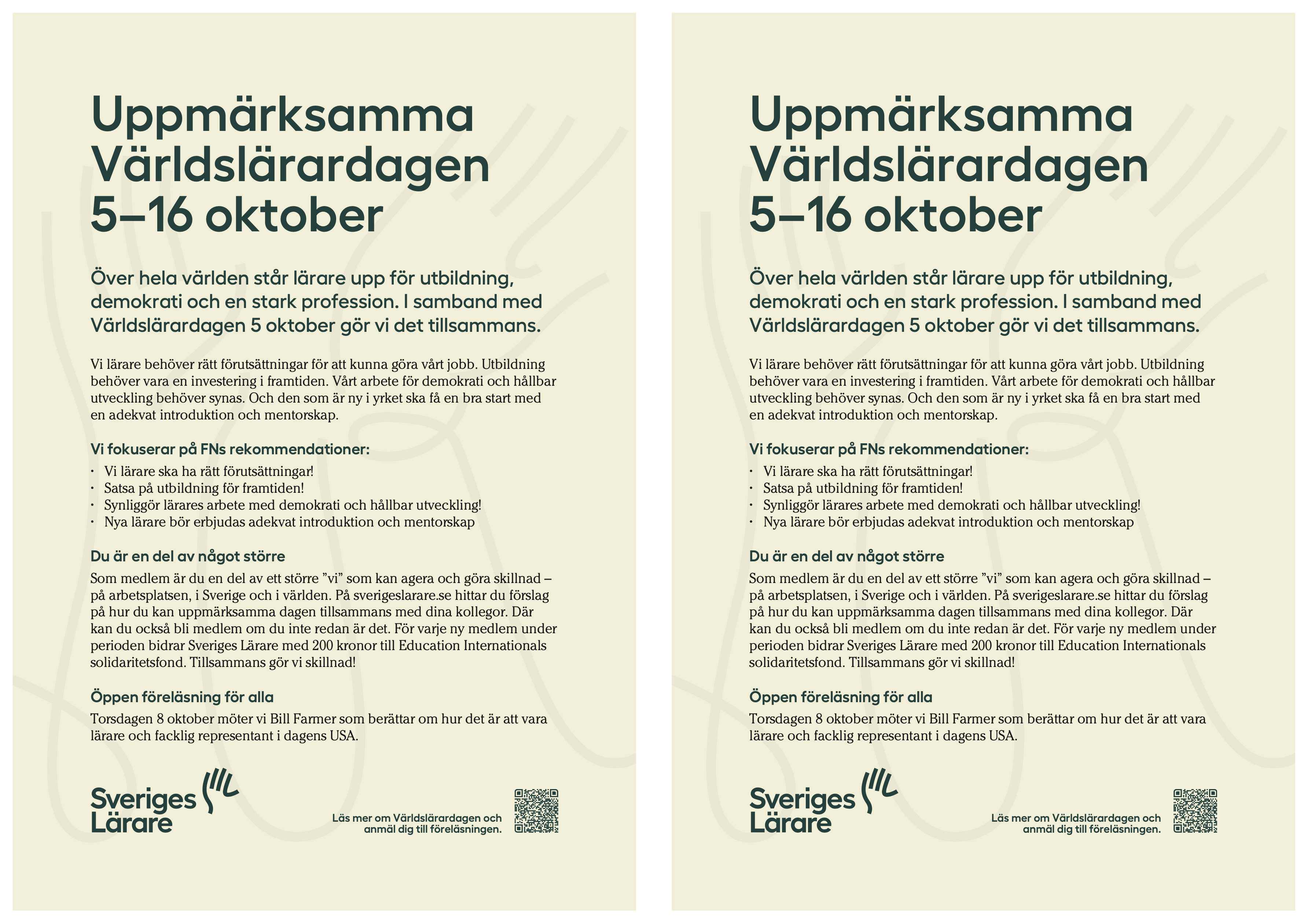 Uppmärksamma Världslärardagen 5–16 oktober – flyer A5