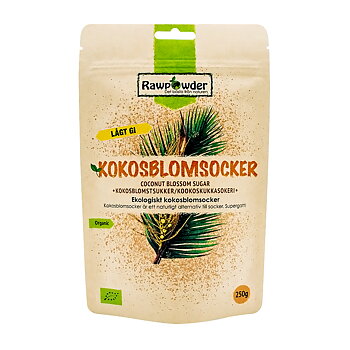 en ljusbrun pappåse med brun text på som det står kokosblomssocker på.