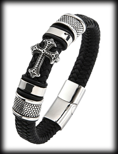 Armband med kors i äkta svart läder.