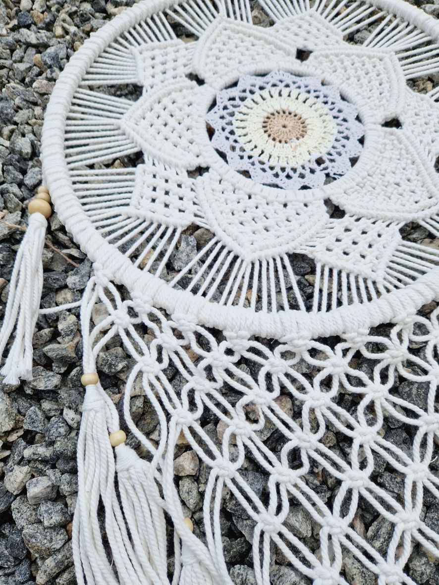  Drömfångare - Makramé Mandala Blomma, 42 cm - Ljusgul - 3