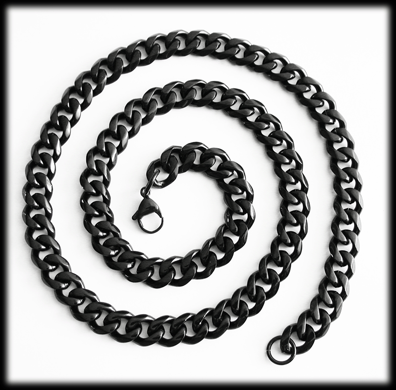 11 mm. Pansarlänk halsband i svart stål.