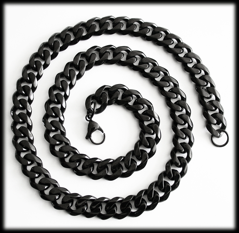 13 mm. Pansarlänk halsband i svart stål.