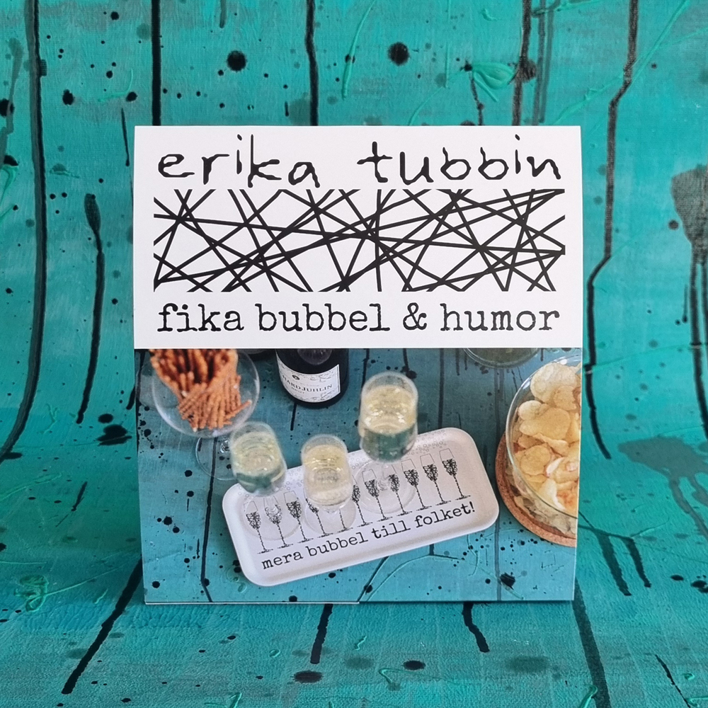 Logoskylt  fika bubbel & humor (Mera bubbel) 17x18 cm - vändbar bordsskylt
