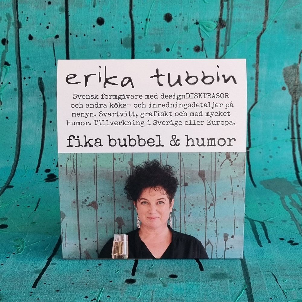 Logoskylt  fika bubbel & humor (Mera bubbel) 17x18 cm - vändbar bordsskylt - 2