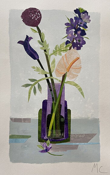 Collage "Paris, Bouquet Violet" av Maria C Bernhardsson. Orginal utan ram.50x35cm.