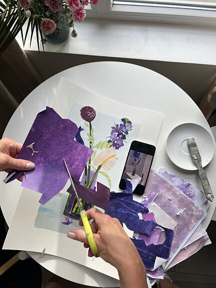Collage "Paris, Bouquet Violet" av Maria C Bernhardsson. Orginal utan ram.50x35cm.
