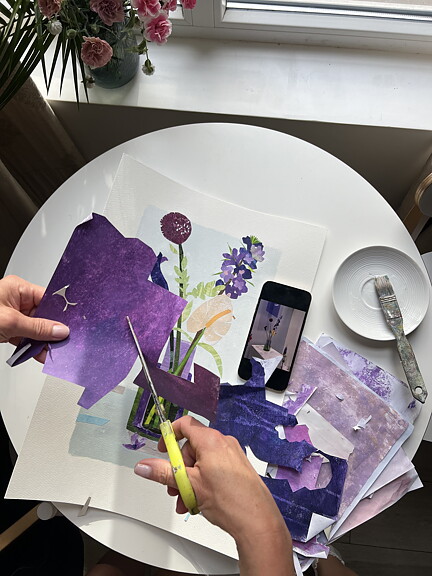 Collage "Paris, Bouquet Violet" av Maria C Bernhardsson. Orginal utan ram.50x35cm.