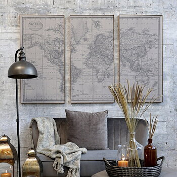 Tavla Världskarta karta old map 3 delad shabby chic lantlig stil indutristil