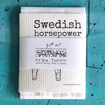 gåvoset SWEDISH HORSEPOWER kökshandduk + disktrasa svart-vit