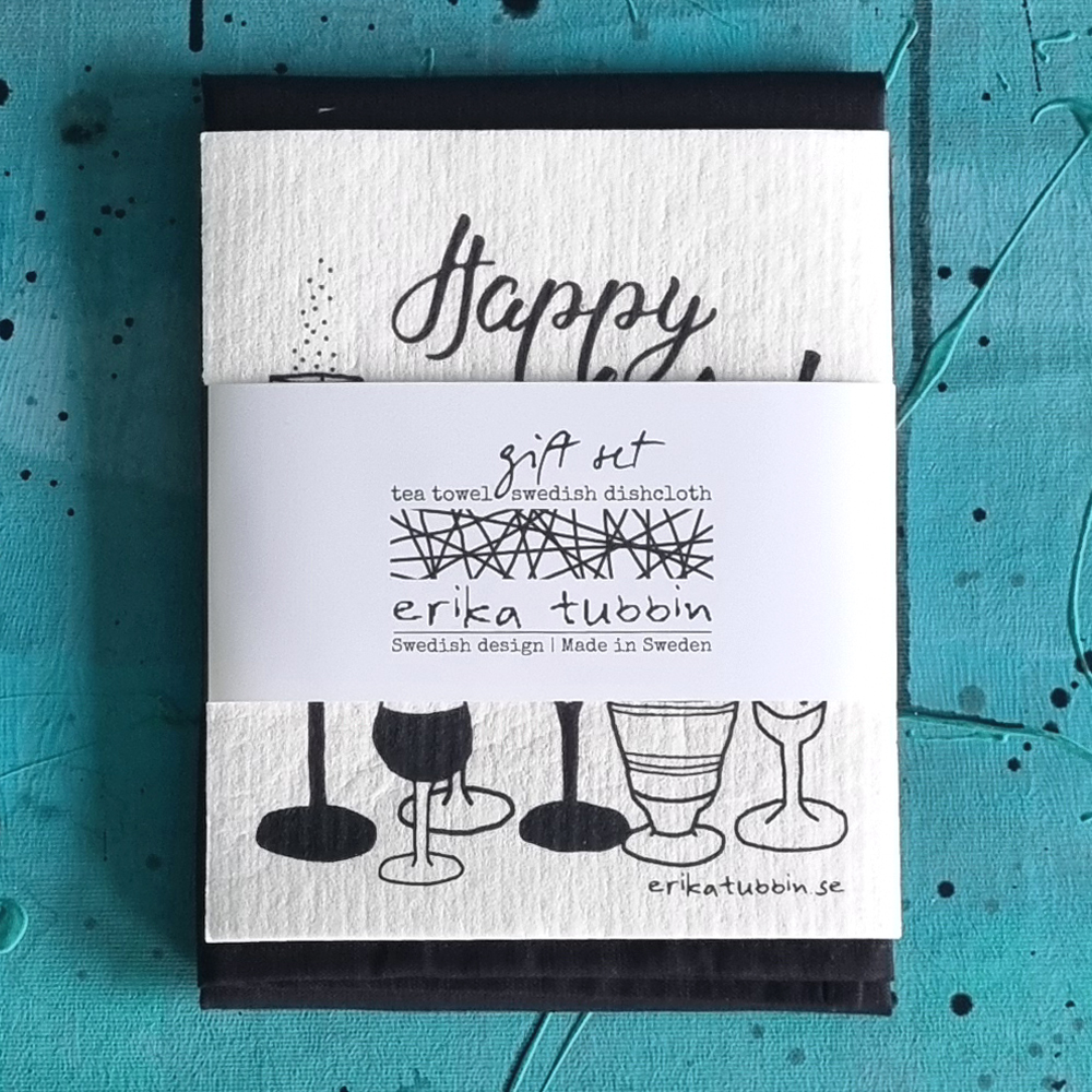 gåvoset HAPPY HELG! kökshandduk + disktrasa svart-vit