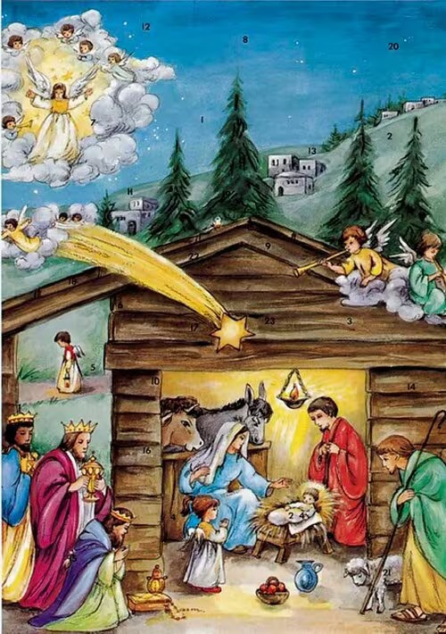 German Advent Calendar A4 Nativity Scene Angels