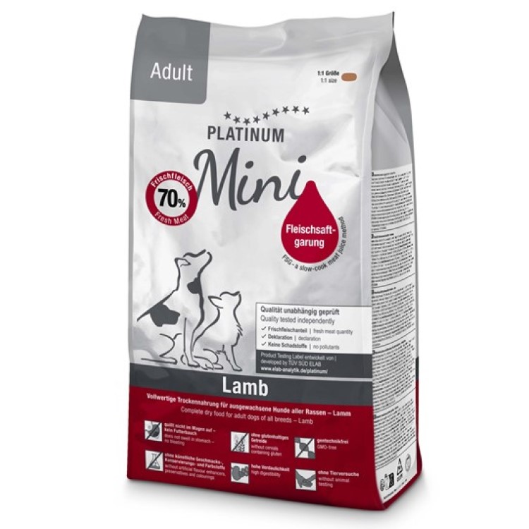 Platinum Lamb Mini dry food for small dogs, featuring 70% fresh lamb and small, easy-to-chew kibble made with the FSG method.