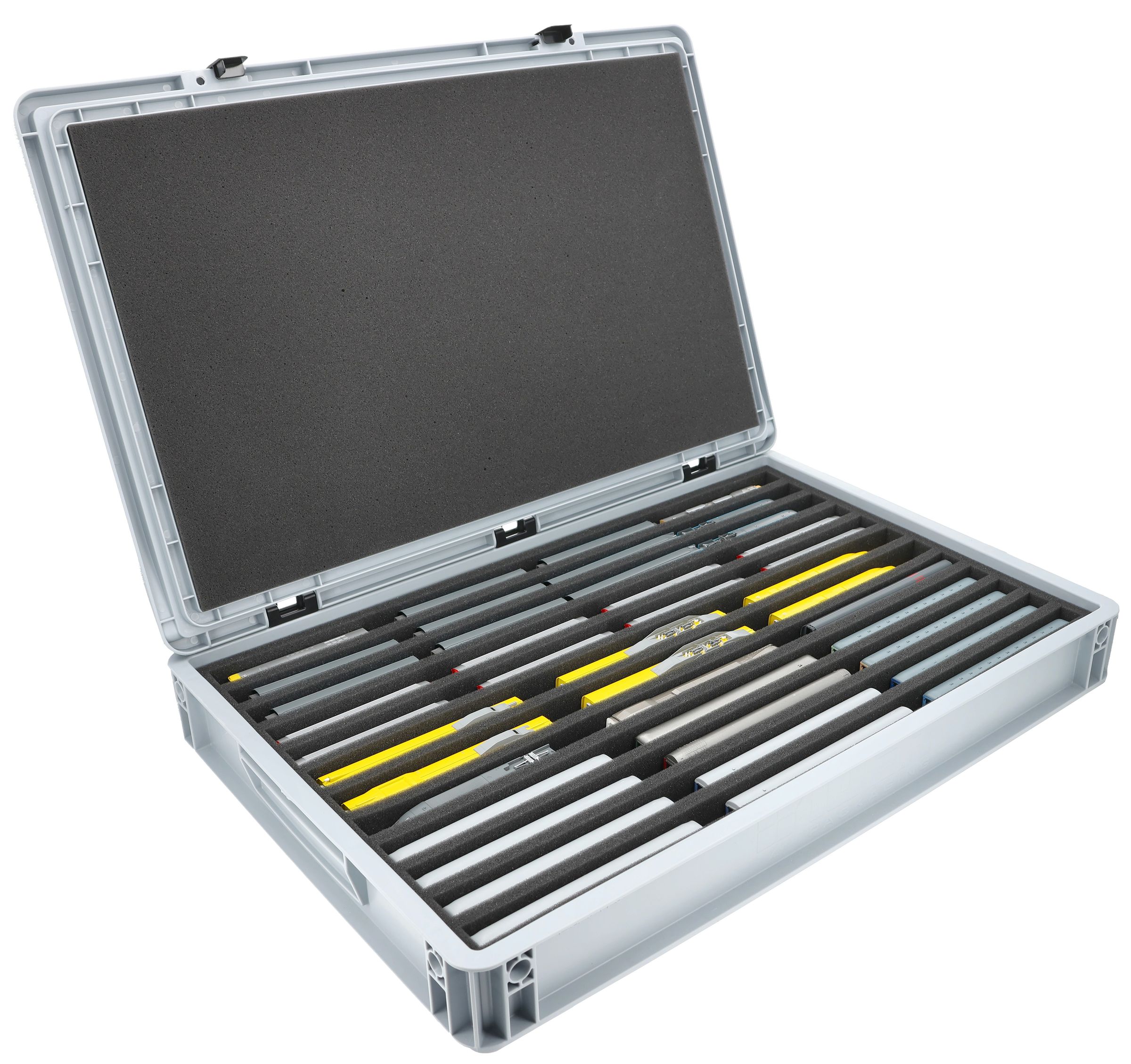 Euro Box / Container Case for model railway locomotives, wagons and vehicles - 12 slots for N Gauge - vertical - 3