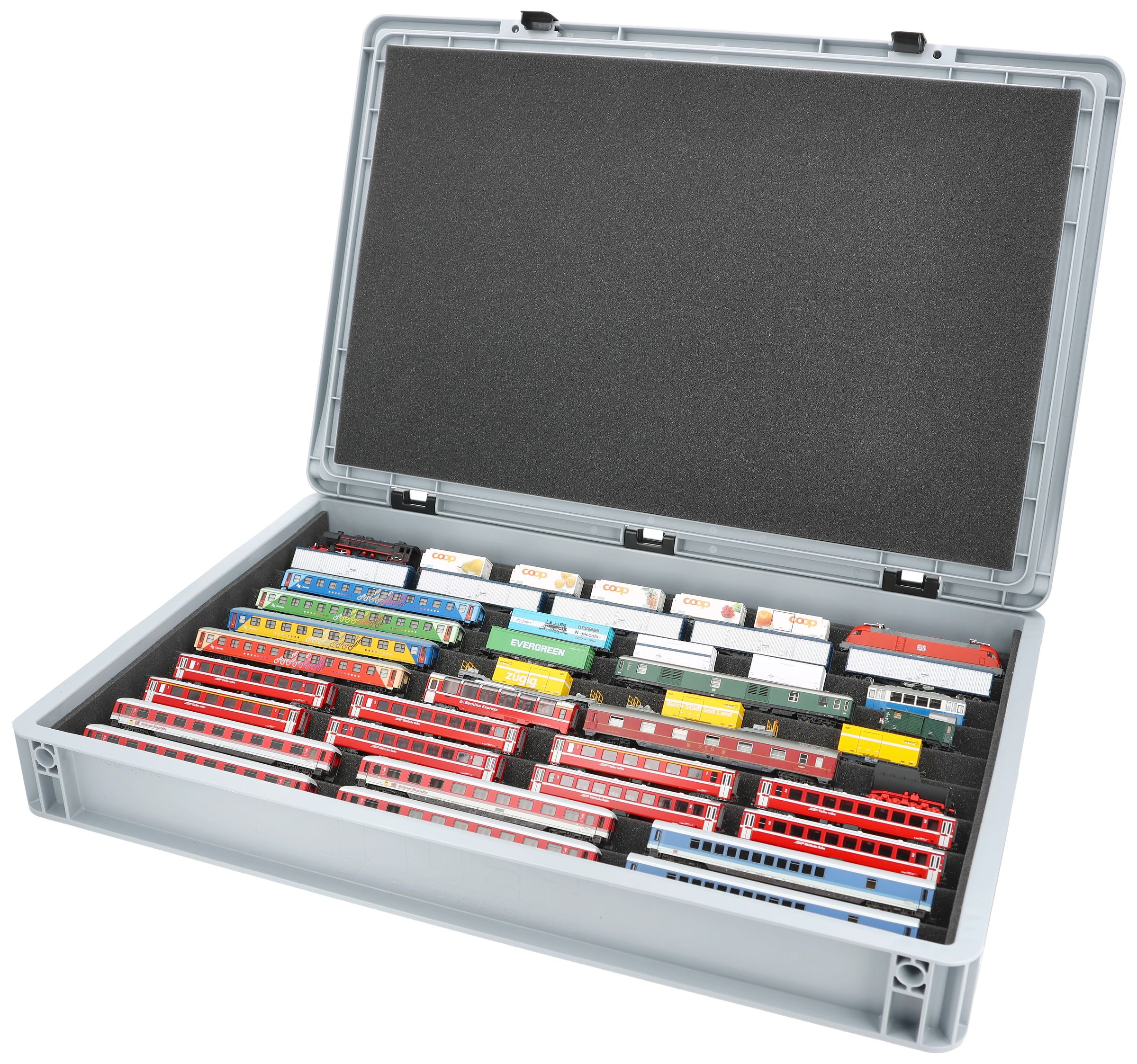 Euro Box / Container Case for model railway locomotives, wagons and vehicles - 7 slots for N Gauge - horizontal