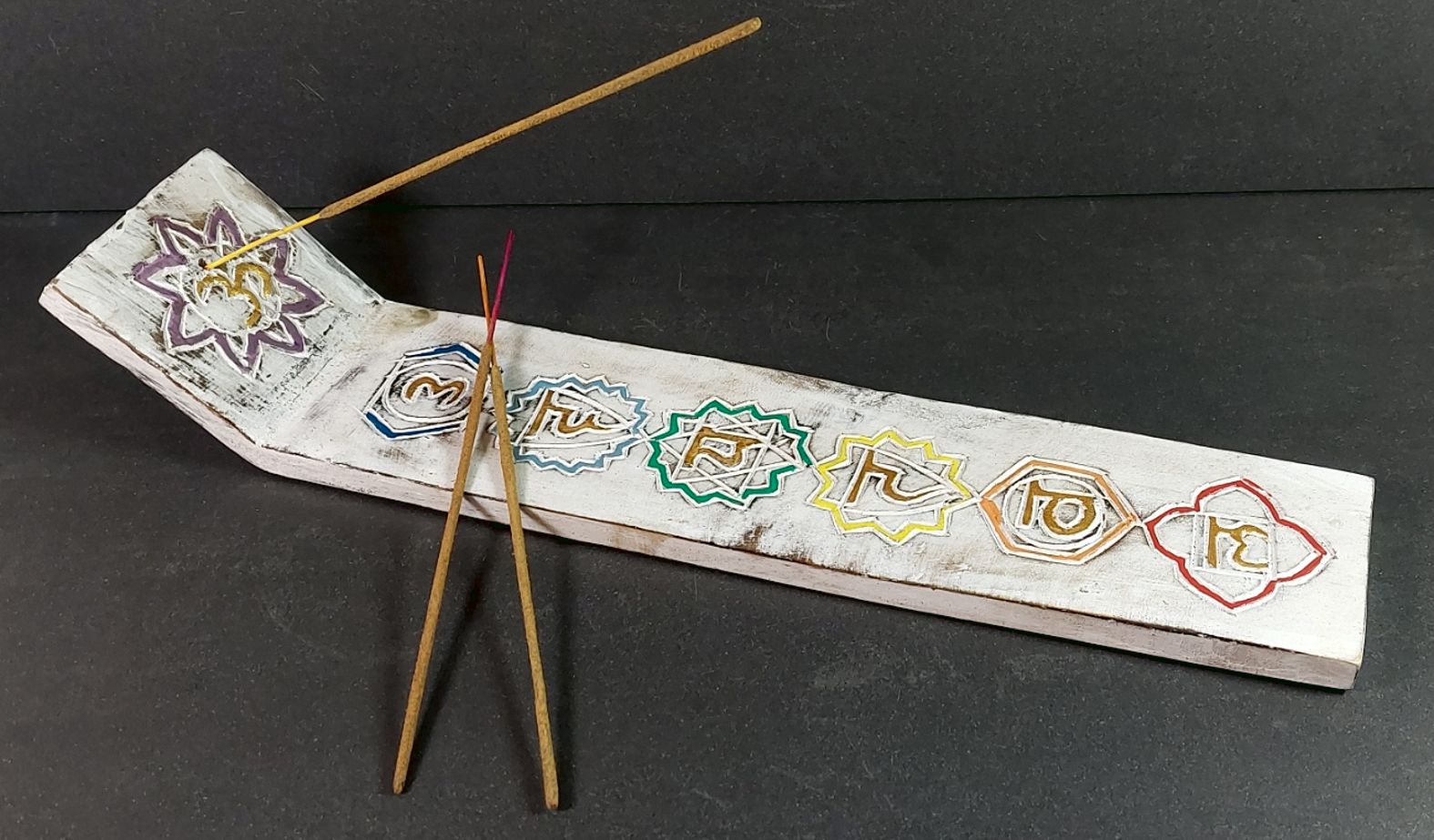 Chakra Rökelse Hållare   - Trä Skida med Chakra symboler - 2