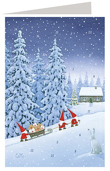Adventskalenderkort - Tomtar med släde och presenter