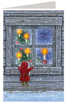 Adventskalenderkort - Tomte och julgran i fönstret