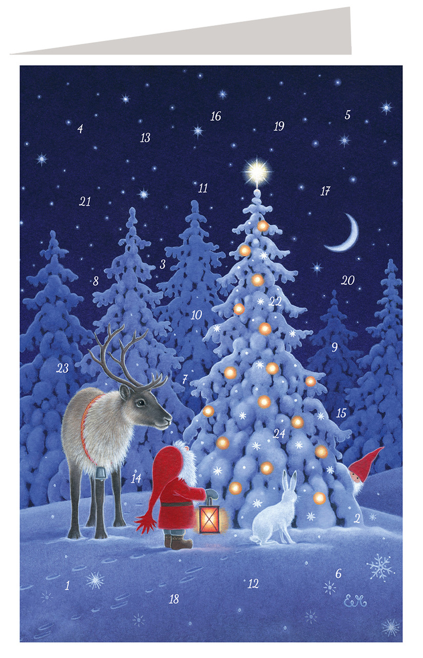 Adventskalenderkort - Tomte och vit skogsgran