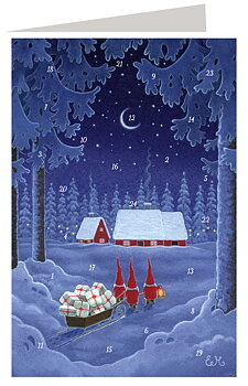Adventskalenderkort - Tomtar med släde och julklappar