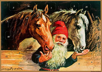 Adventskalenderkort - Jenny Nyström, Tomte matar hästar
