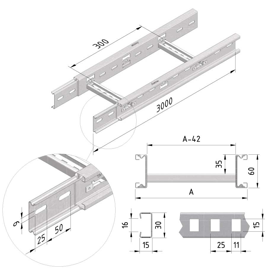 TRAYCO Kabelstiger med easyconnect-systemet Sendzimirforsinket 60mm x 400mm x 3 meter