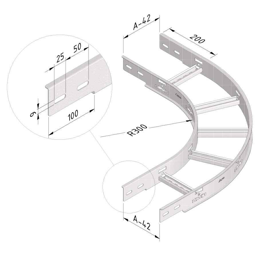 TRAYCO Kabelstiger 200mm 90° bøy Ultra Galva