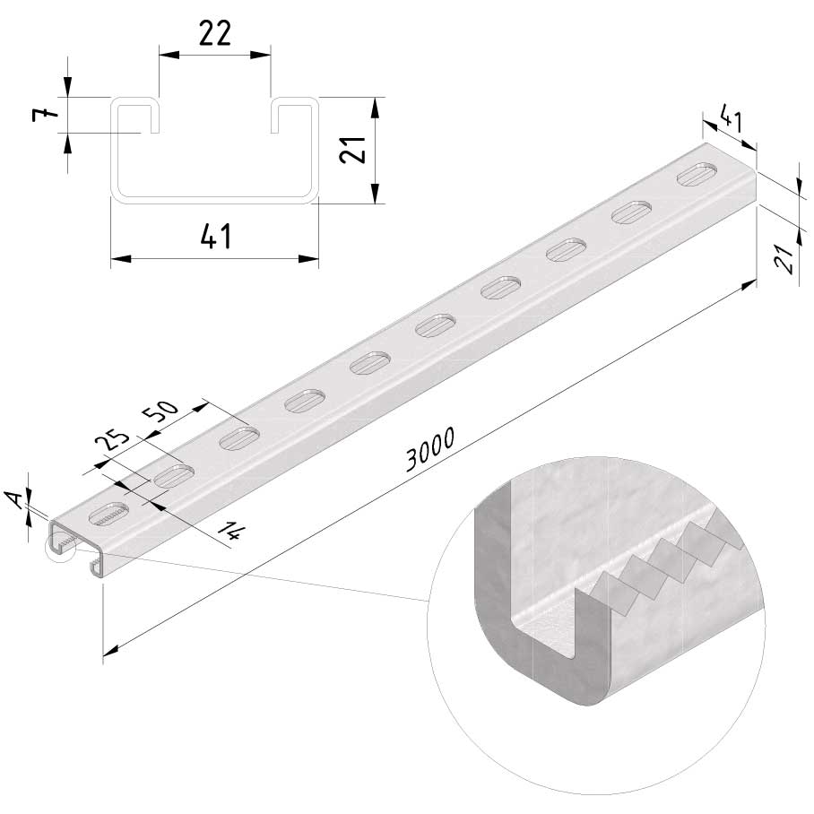 41 x 21mm supporting profile Sendzimir galvanized 3 meters
