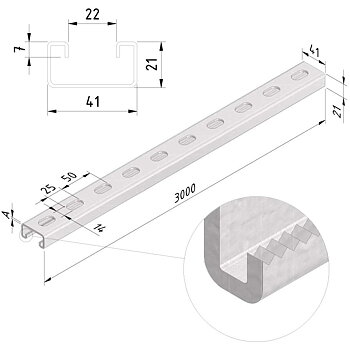 Strutskena - Sendzimirförzinkad 3 meter 41 x 21 x 2.5mm -1-vägs