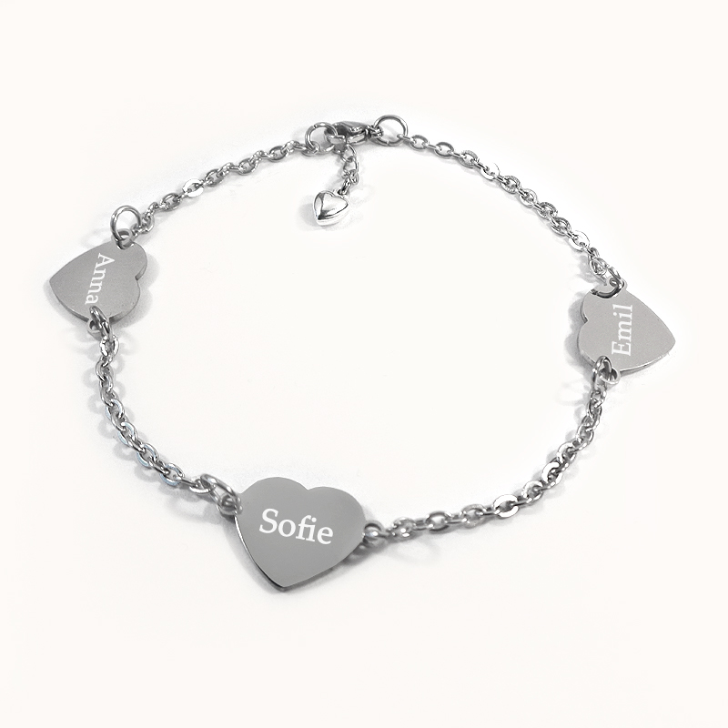 Sérsniðið, áletrað armbönd með þremur hjörtum - Ryðfrítt stál