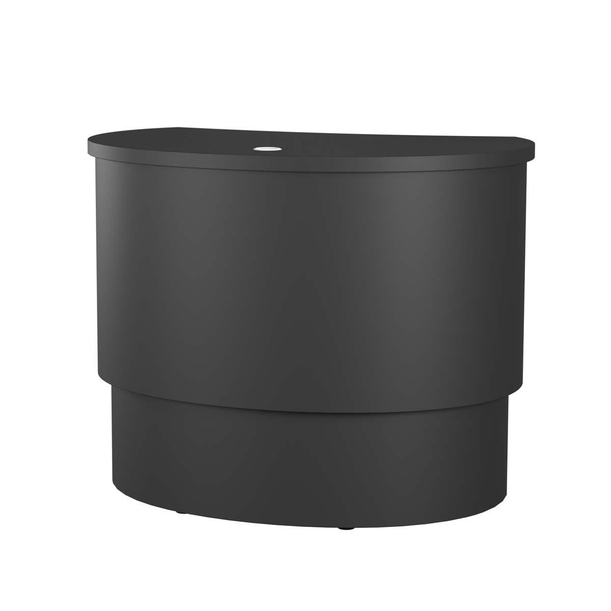 Folke Curved Info Desk – height-adjustable information desk with curved front in high-pressure laminate, cable grommet included and optional recessed LED lighting.