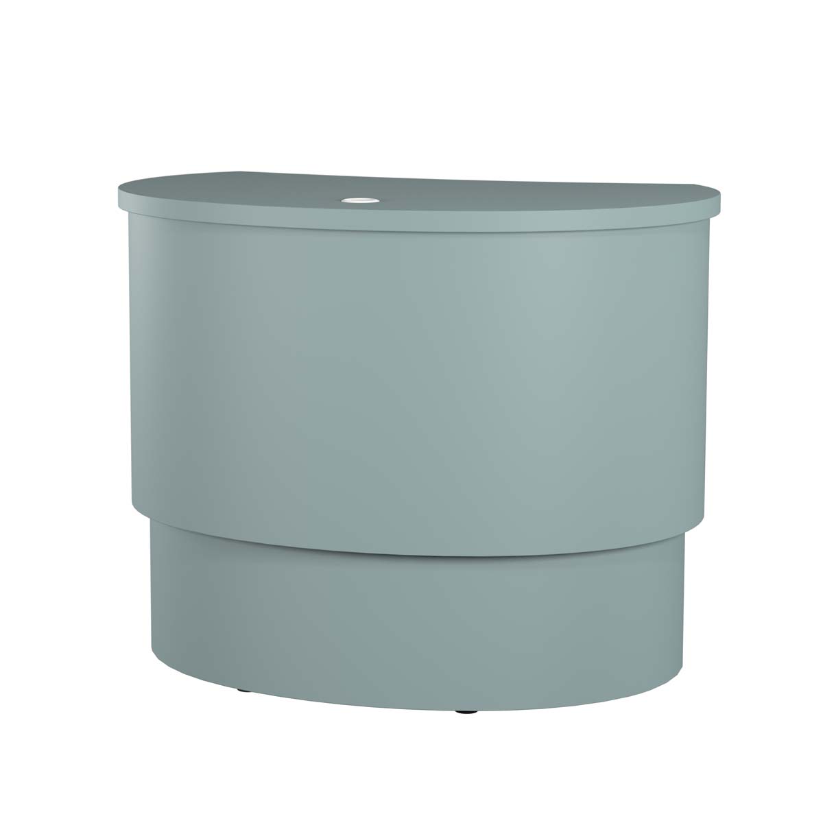 Folke Curved Info Desk – height-adjustable information desk with curved front in high-pressure laminate, cable grommet included and optional recessed LED lighting.