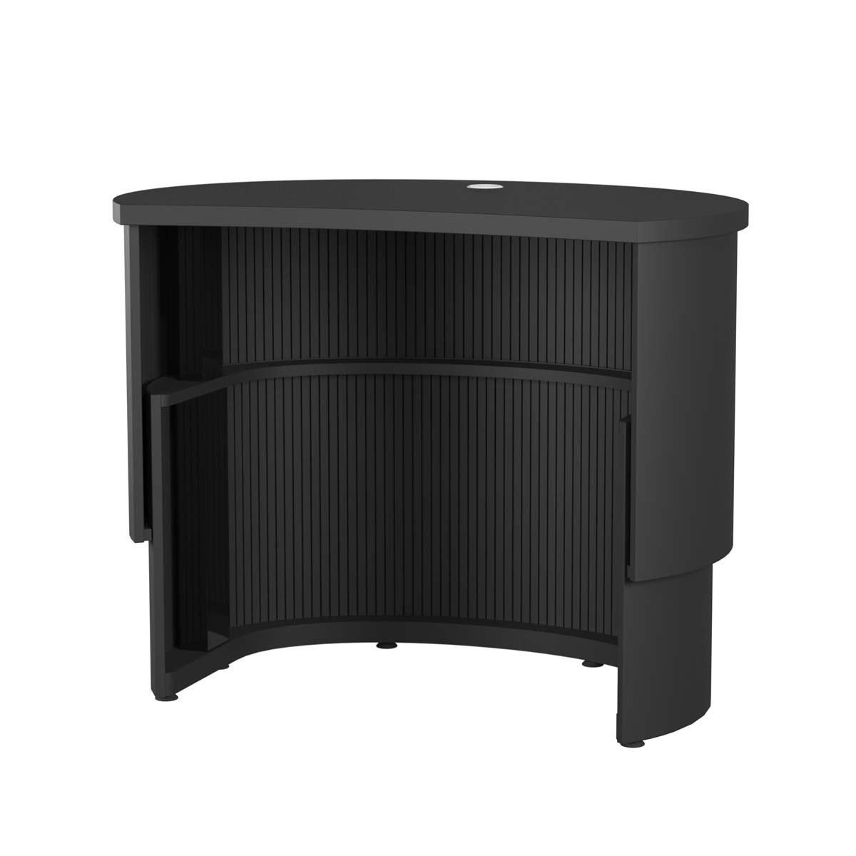 Folke Curved Info Desk – height-adjustable information desk with curved front in high-pressure laminate, cable grommet included and optional recessed LED lighting.