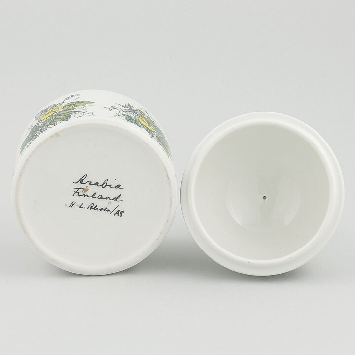 ヒルッカ・リーサ・アホラ  Ruusuシリーズ  丸い容器  黄色い花模様  14cm  1965年